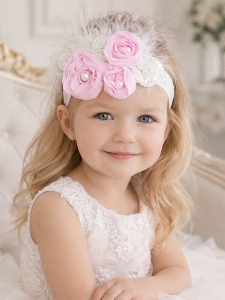 pink handmade headband with chiffon roses, pearls, silver leaves and feathers