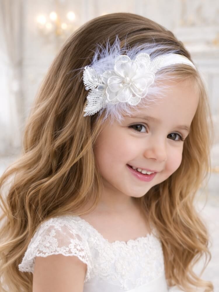Christening headband Organza flower with pearls