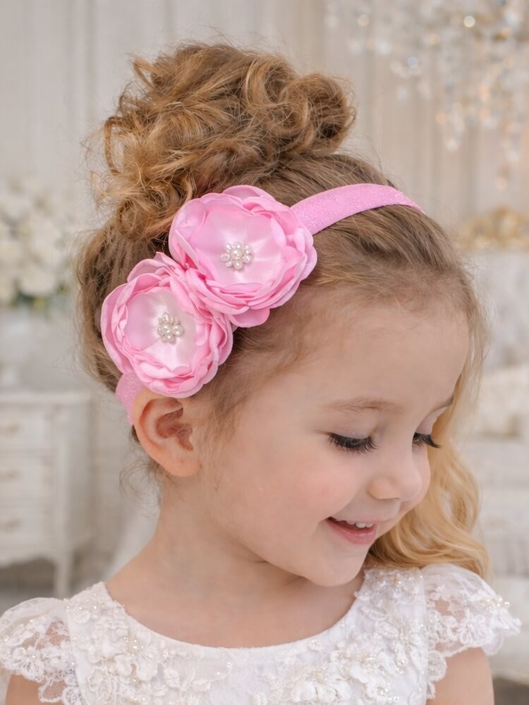 Luxury girls pink satin flower headband with two handmade flowers for christening and birthday