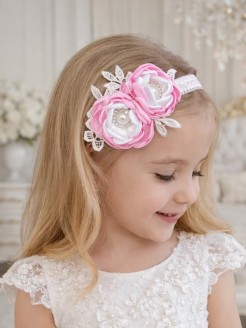 Handmade baby girl christening headband with satin flowers and pearl details Handmade baby girl christening headband with satin flowers and pearl details