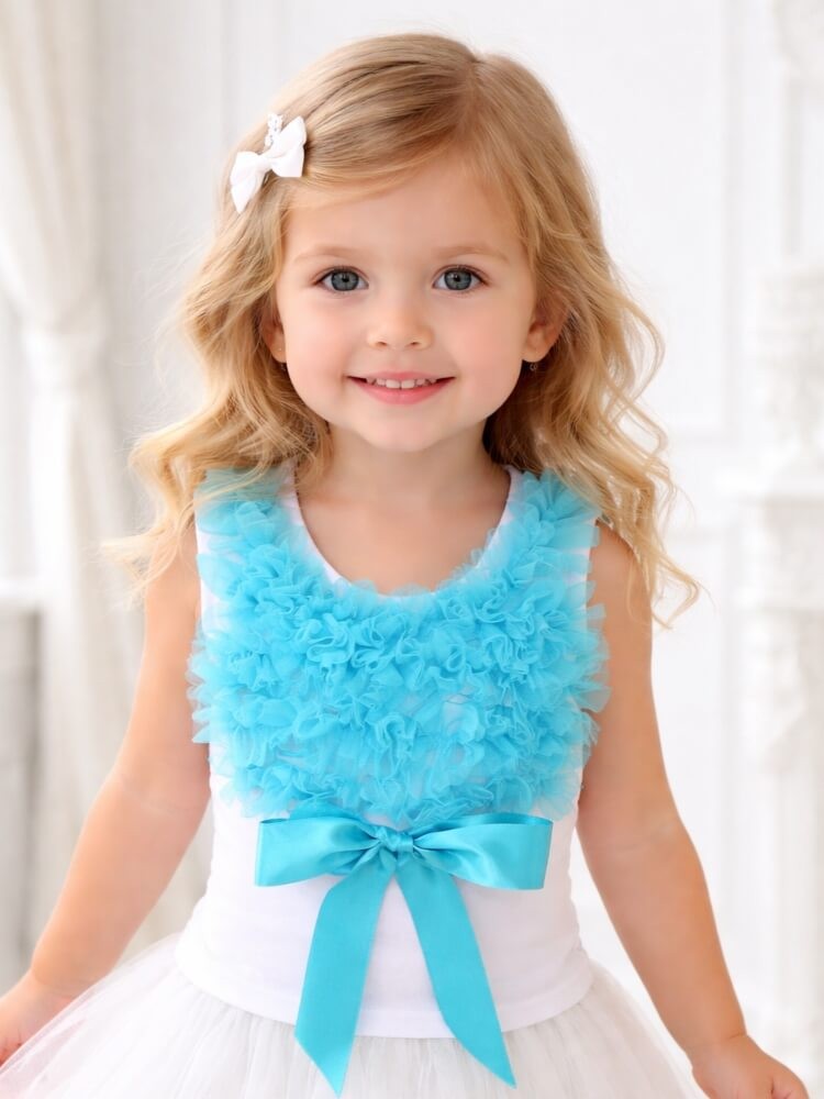 Cute Cotton Girl Top with Aquamarine Ruffles for Toddlers