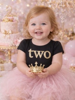 Black cotton toddler birthday top with gold TWO print