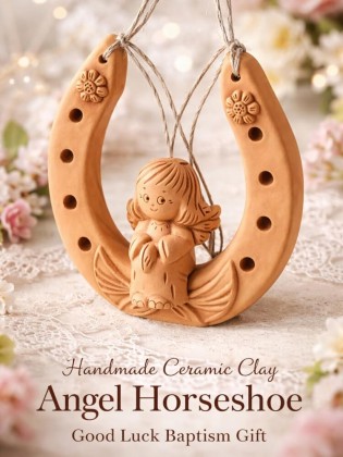 Lucky Horseshoe New Home Souvenir Gift with Clay Angel