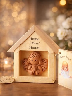 Ceramic Guardian Angel ornament with personalised gift card for new home or special occasion, handcrafted in EU