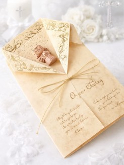 Luxury christening card “Shirt” with natural color ceramic angel and gold lettering “Angel Wishes”