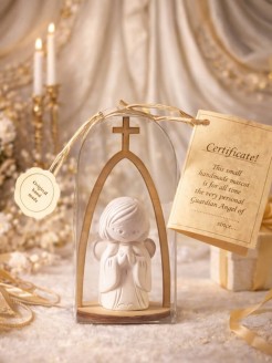 Handmade ceramic guardian angel with wooden cross and certificate card for baptism, christening, wedding, or Christmas gift