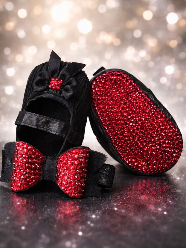 Crystal Red Sole Baby Shoes – Black | Handmade UK