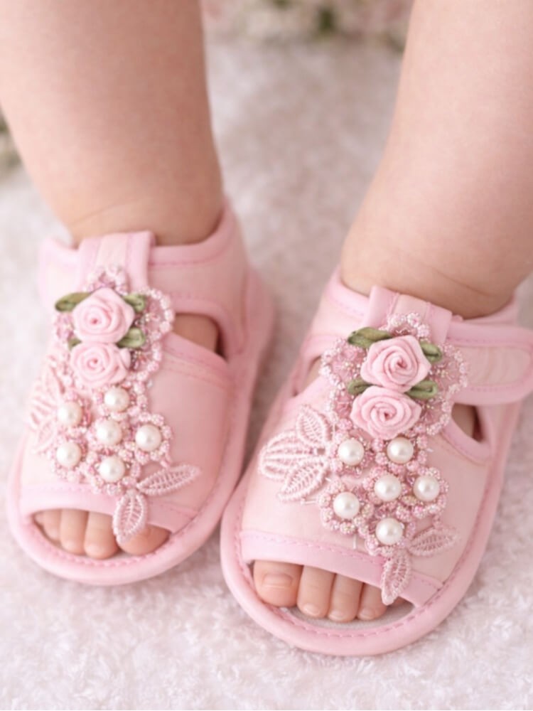 Baby Girl Christening Sandals Pink Roses
