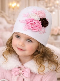 Handmade white cotton baby girl beanie with multicolor flowers, pearls and pink lace