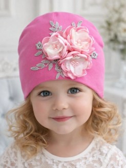 Luxury Baby Girl Beanie Hat With Pink And White Flowers