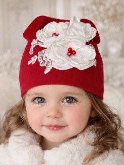Luxury red cotton beanie hat for girls with white satin flowers, pearls, and lace