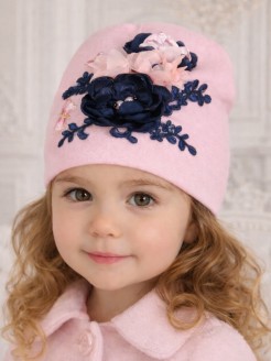 Luxury Handmade Baby Girl Hat Pink With Navy Blue Flowers