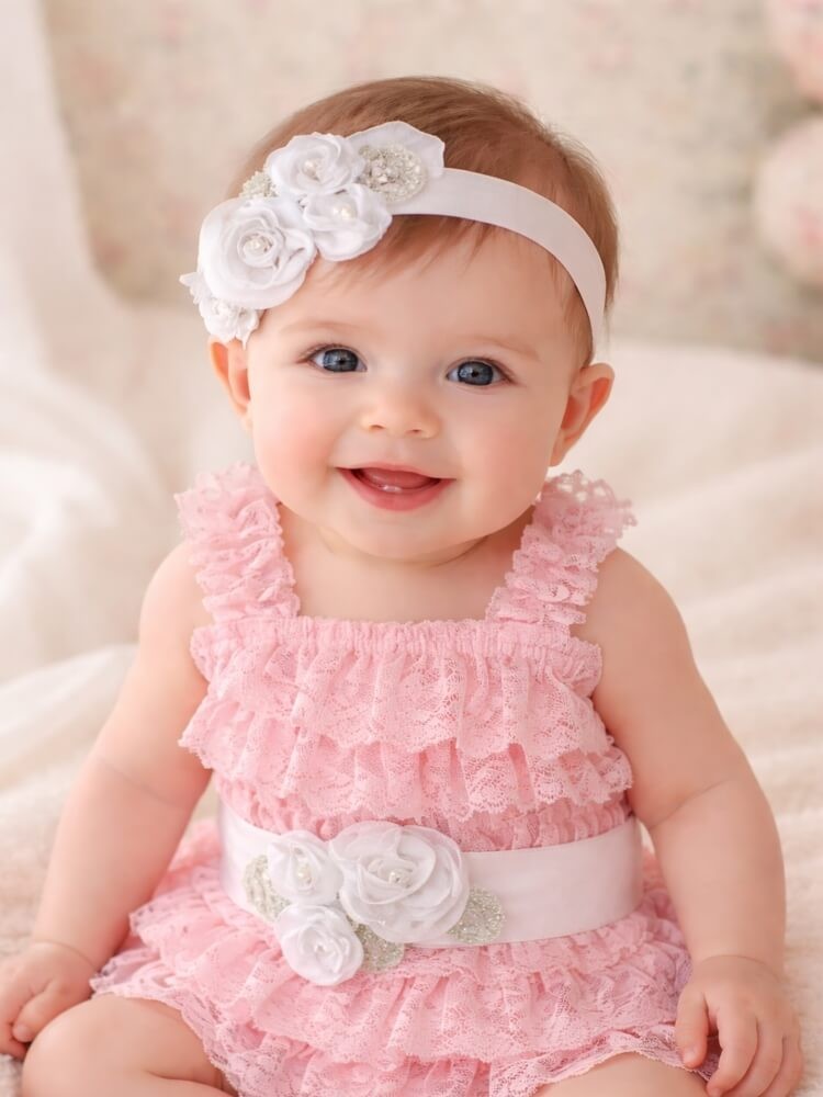 Baby Girl Sash Belt White Roses With Silver Leaves