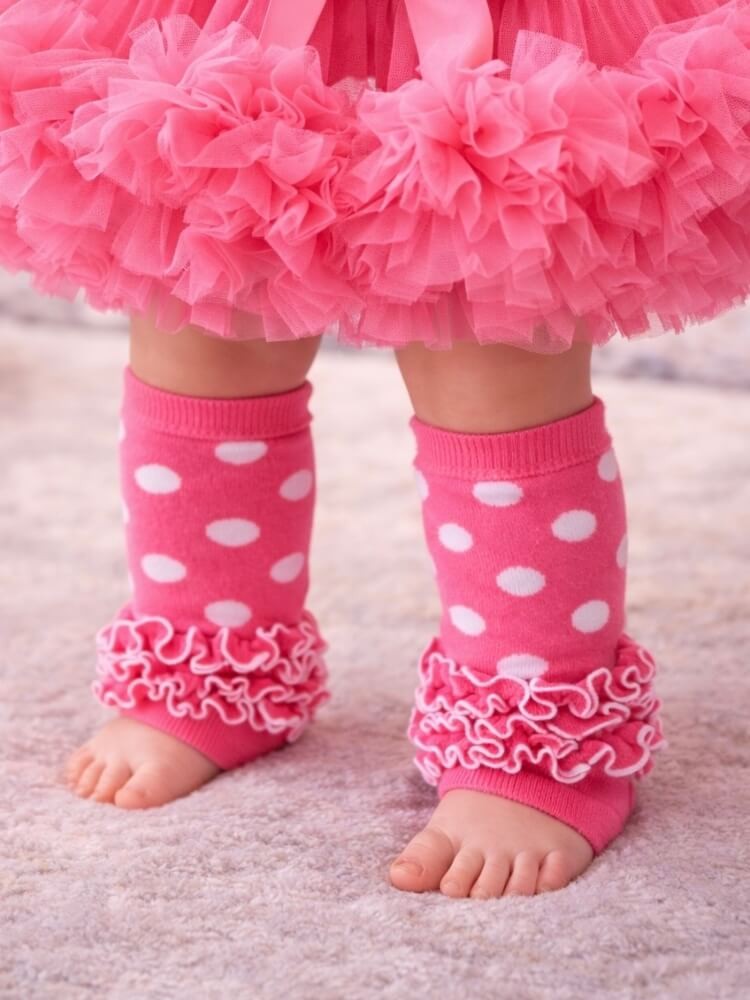 Baby leg warmers Coral and white dots