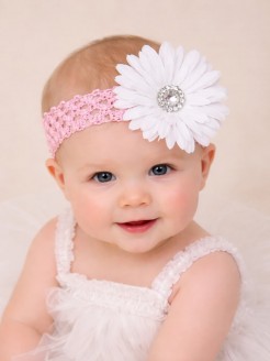 Crochet baby girl occasion headband white flower with pink