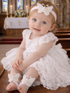 Baby Christening Barefoot Sandals White Pearls Butterfly