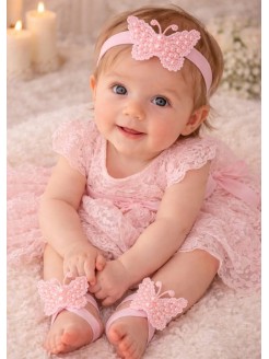 Baby Girl Barefoot Sandals Pink Pearls Butterflies Baby Girl Barefoot Sandals Pink Pearls Butterflies