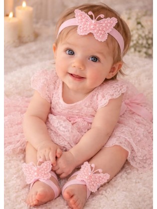 Baby Girl Christening Barefoot Sandals Pink Pearls Butterflies