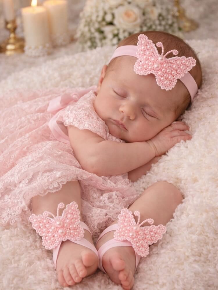 Baby Girl Christening Barefoot Sandals Pink Pearls Butterflies Baby Girl Christening Barefoot Sandals Pink Pearls Butterflies