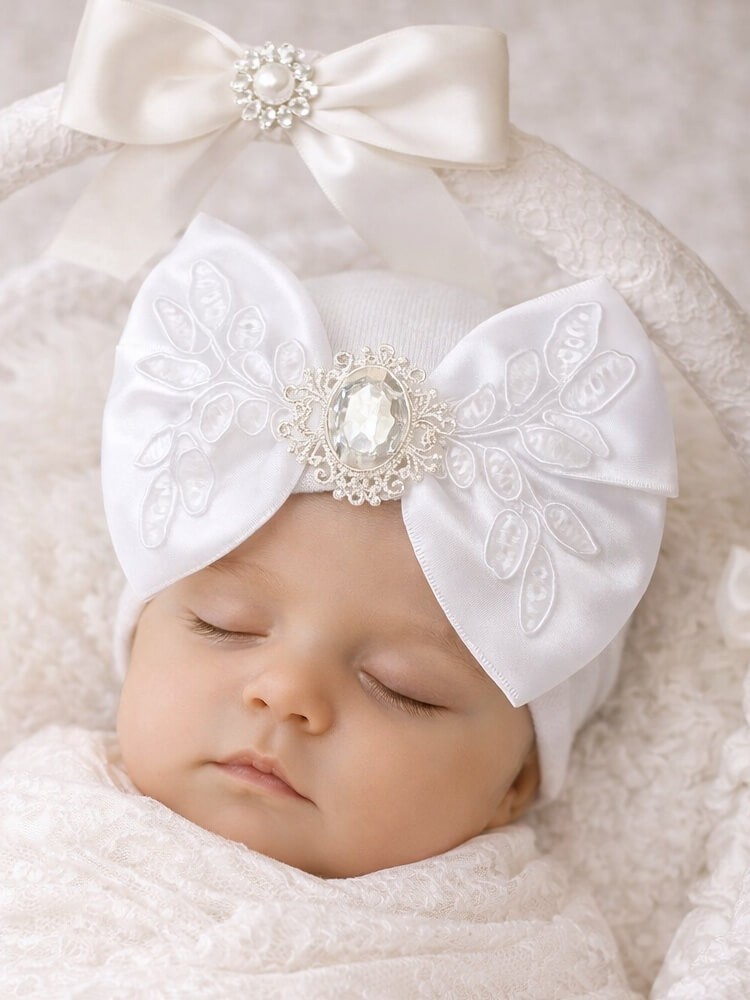 Newborn Hospital Hat White Luxury Big Bow