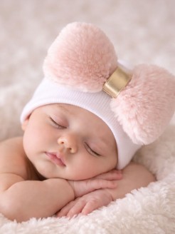 Newborn Hat for Baby Girl with Fluffy Pink Bow