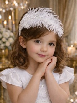 Girl Christening Headband with White Feathers, Lace and Pearls