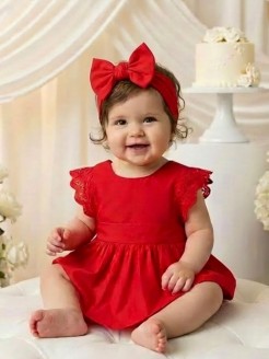 Baby Girl Red Onesie Dress With Headband