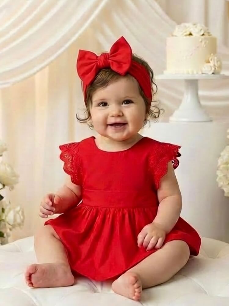 Baby Girl Red Onesie Dress With Headband