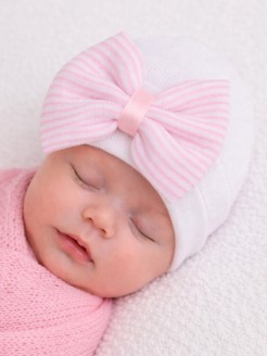 Newborn Girl Hospital Hat White With Pink Bow