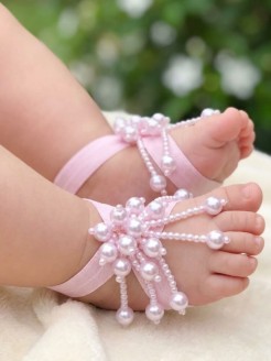 Baby Girl Christening Barefoot Sandals Pink Pearls