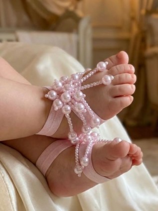 Baby Girl Christening Barefoot Sandals Pink Pearls