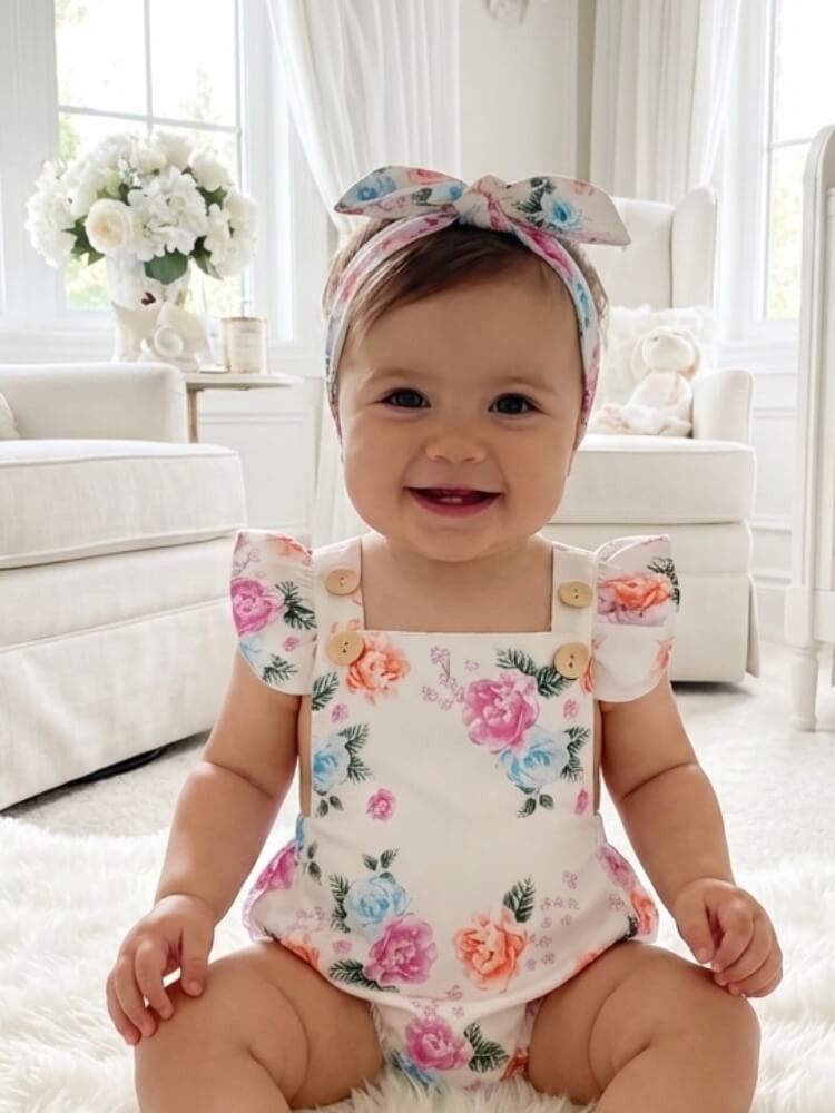 Baby Girl Cotton Romper With Headband Spring Flowers