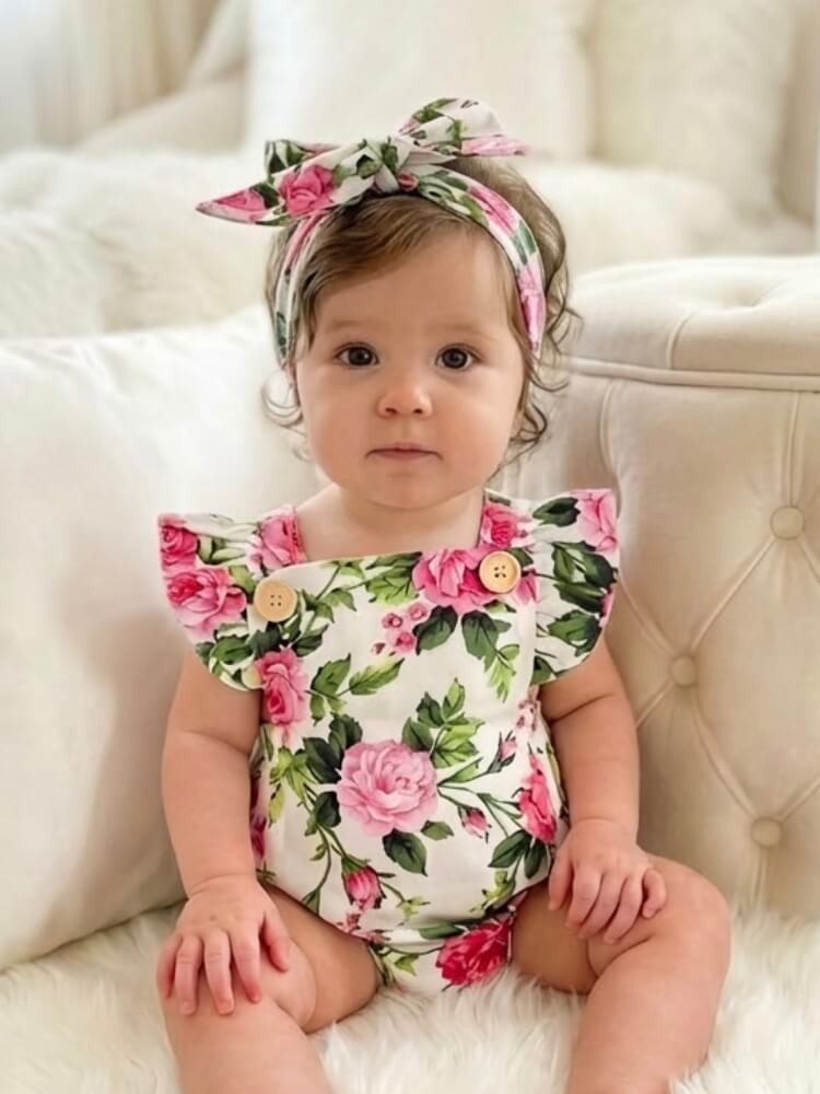Baby Girl Cotton Romper Fuchsia Flowers Baby Girl Cotton Romper Fuchsia Flowers