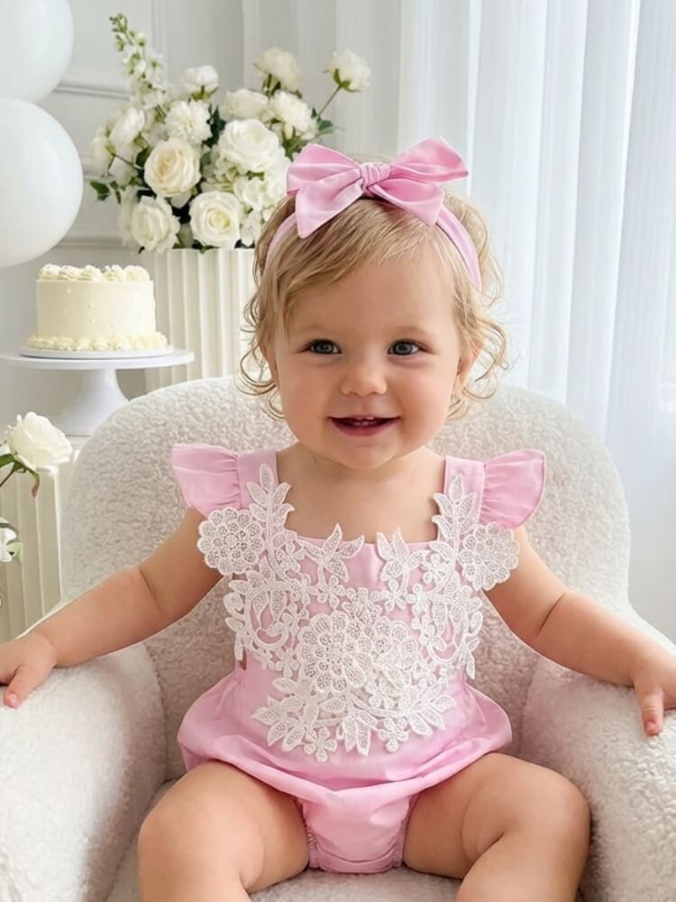 Baby Girl Cotton Romper Pink With Lace