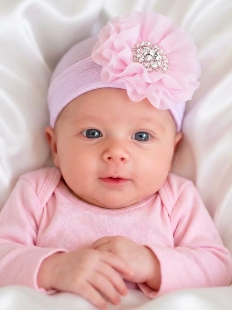 Newborn Baby Girl Hospital Hat Chiffon Flower And Pearls
