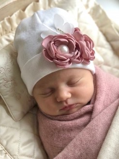 Newborn Baby Girl Hospital Hat With Dusty Pink Flowers
