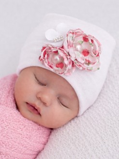 Handmade Newborn Baby Girl Hospital Hat Cherry Flowers