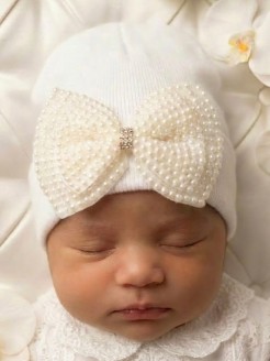 Newborn Baby Girl Hospital Hat With Big Pearls Bow