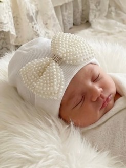 Newborn Baby Girl Hospital Hat With Big Pearls Bow