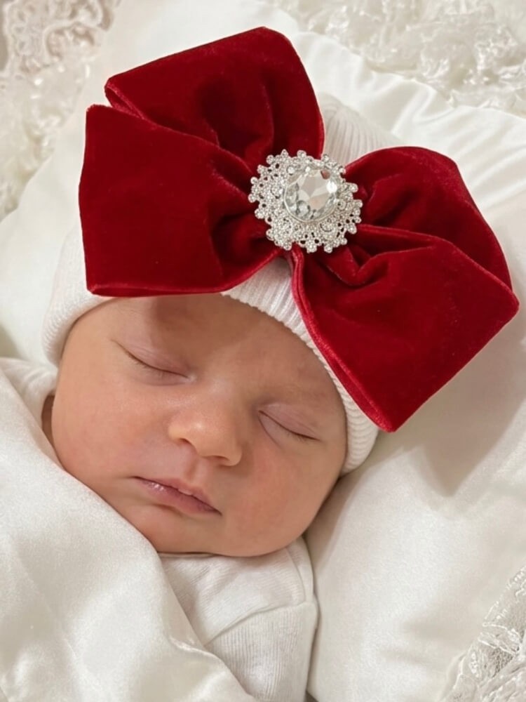 Newborn Take Home from Hospital Hat For Girl Red Velvet Crystal Bow