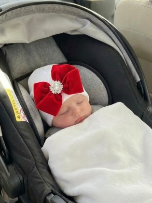 Newborn Take Home from Hospital Hat For Girl Red Velvet Crystal Bow