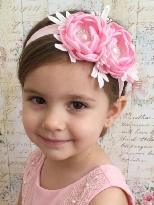 Elegant baby girl headband with pink satin flowers, lace and sparkling pearl details