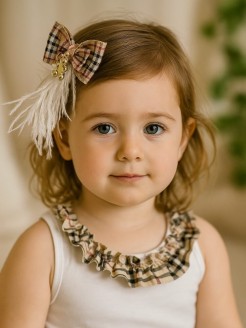 Plaid Bow Hair Clip with Teddy Bear