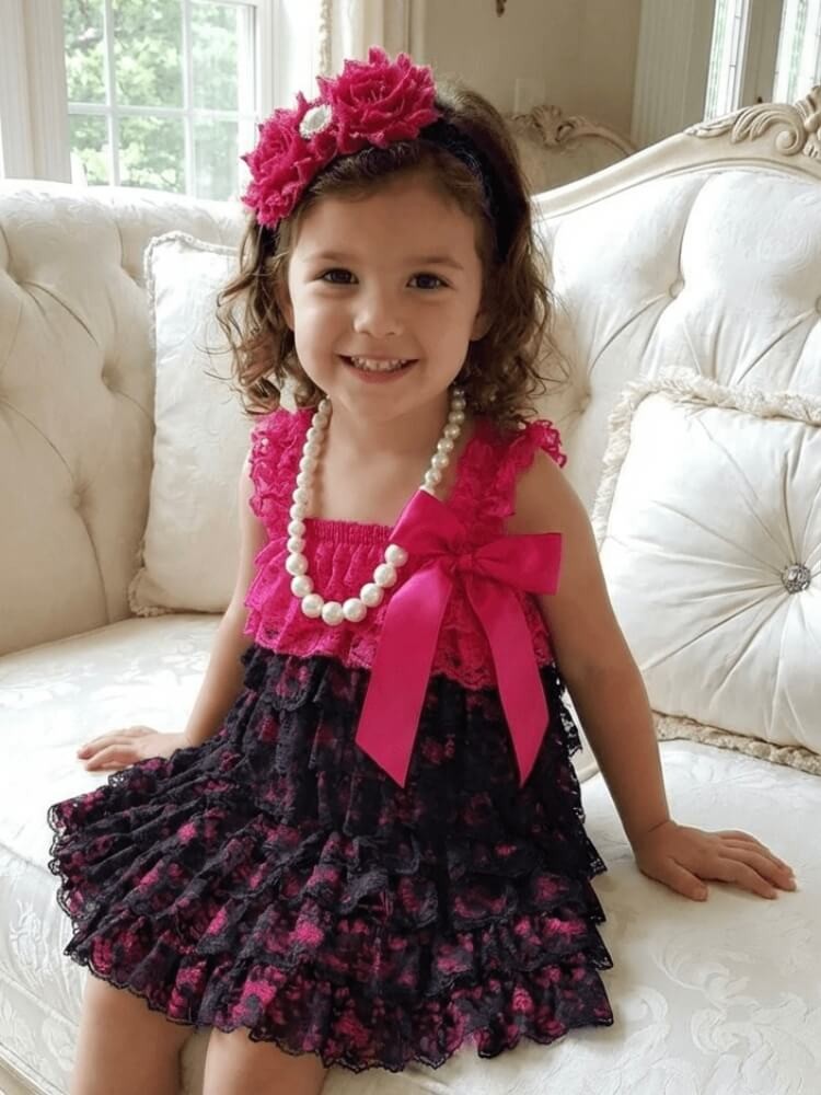 Baby lace dres Hot fuchsia and black with headband