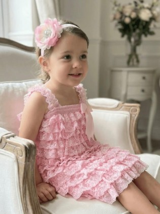 Elegant Pink Baby Dress with Lace & Headband – Perfect for Newborns