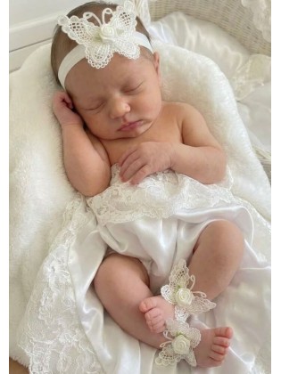 Baby Girl Christening Barefoot Sandals Shoes White butterfly with White rose
