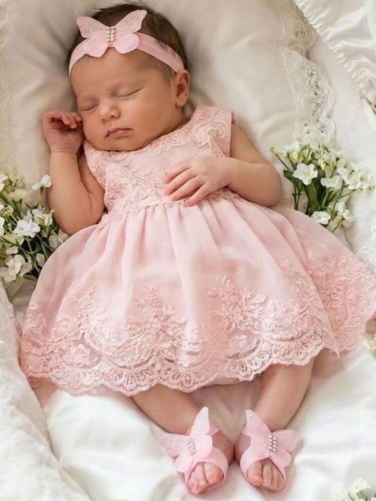 Baby Girl Barefoot Sandals Headband set Pink lace