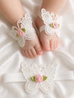 Baby Girl Barefoot Sandals White Butterfly with Pink