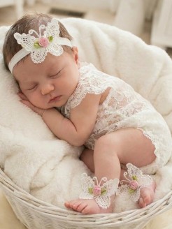 Baby Christening Barefoot Sandals White butterfly with Dusty Pink