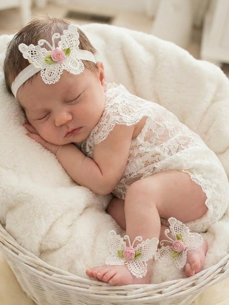 Baby Christening Barefoot Sandals White butterfly with Dusty Pink